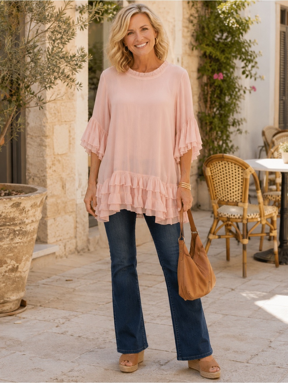 Sassybling Blush Pink Tiered, Boho Tunic Blouse